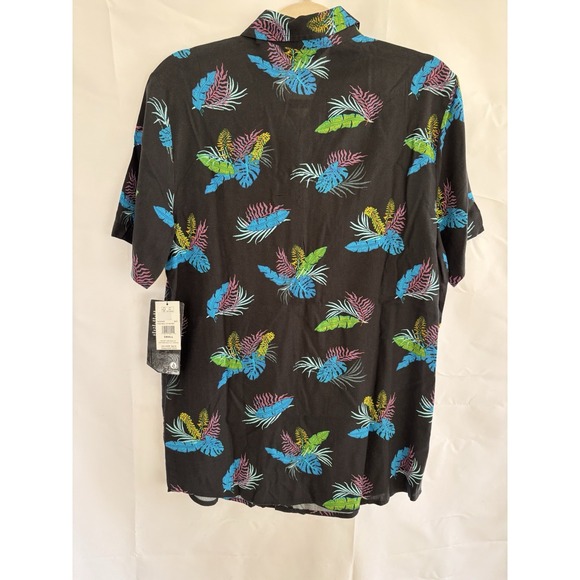 Volcom Shirt Mens Medium- Black W. Blue Feather Leaves Short Sleeve Button Up - Picture 4 of 8